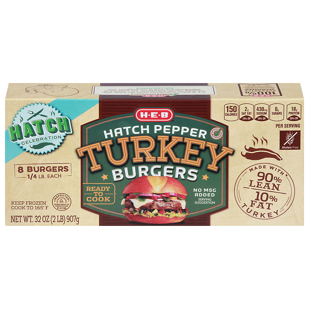 Calories in H-E-B Select Ingredients Hatch Pepper Turkey Burger 90/10, 8 ct