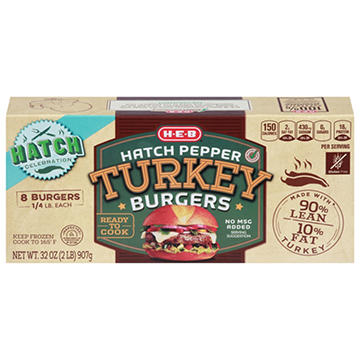 H-E-B Frozen Hatch Chile Pepper Turkey Burger Patties, 90% Lean, 8 ct