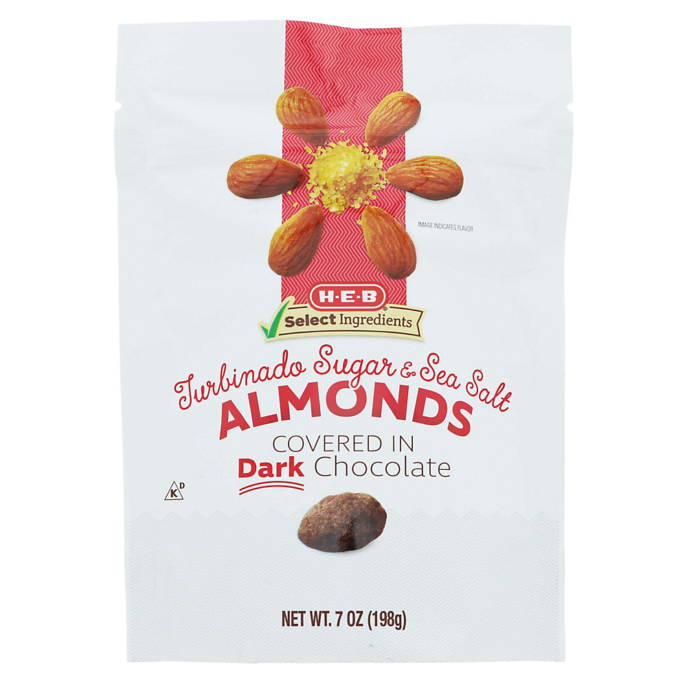 Calories in H-E-B Select Ingredients Dark Chocolate Turbinado Sea Salt Almonds, 7 oz