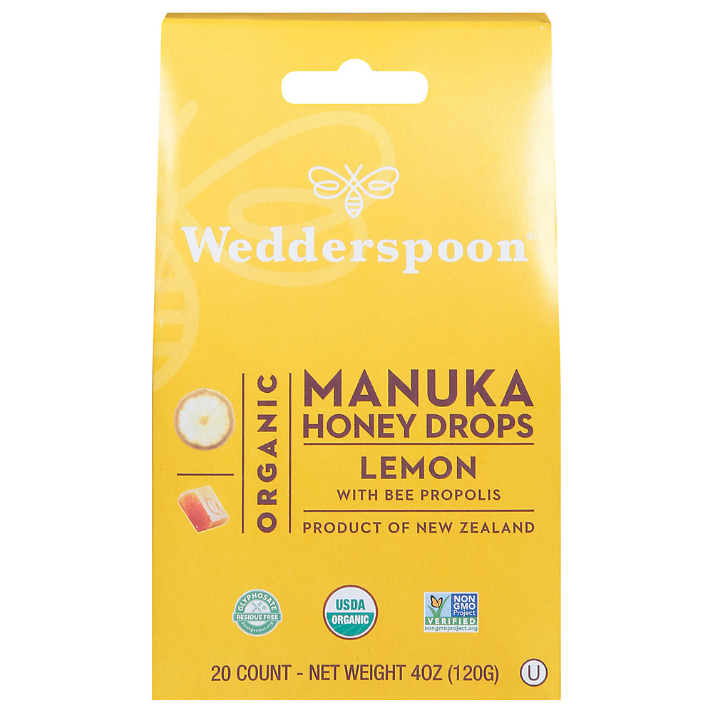 Calories in Wedderspoon Organic Manuka Honey Drops Lemon Bee Propolis, 4 oz