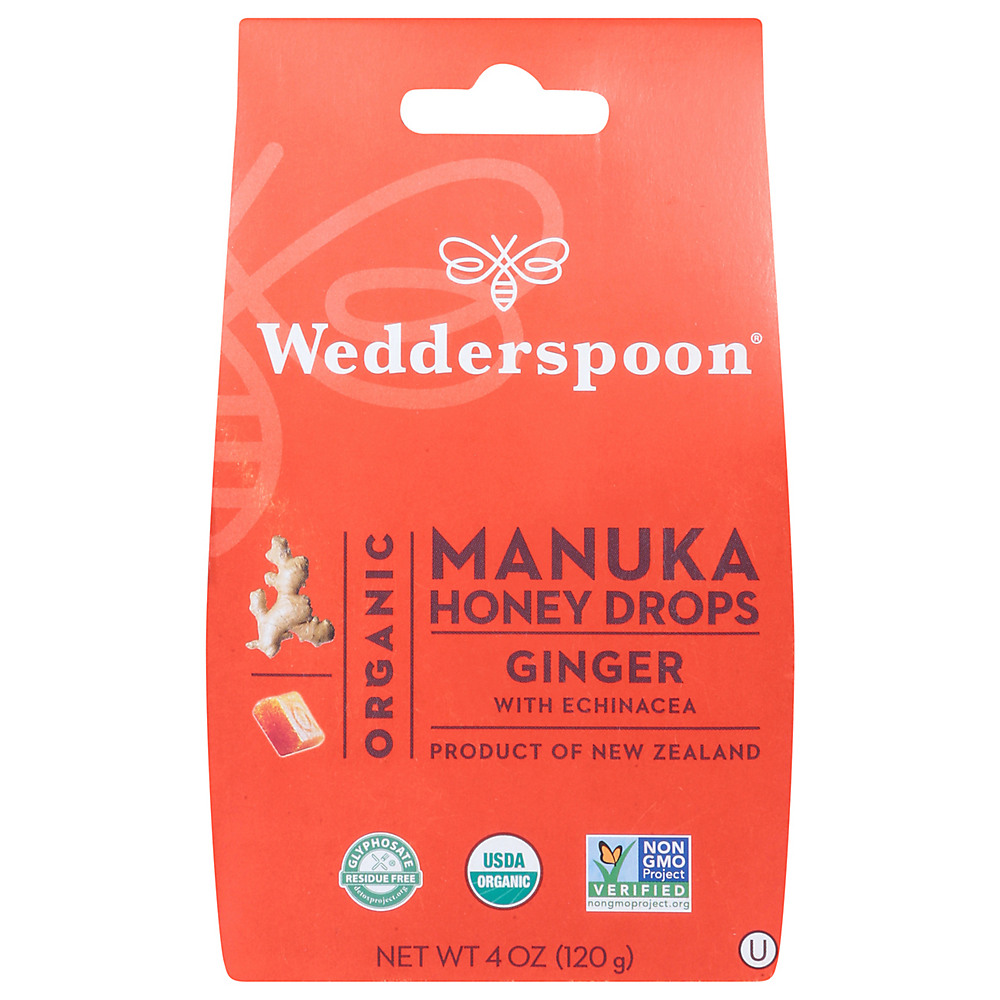 Calories in Wedderspoon Organic Manuka Honey Drops Ginger Echinacea, 4 oz