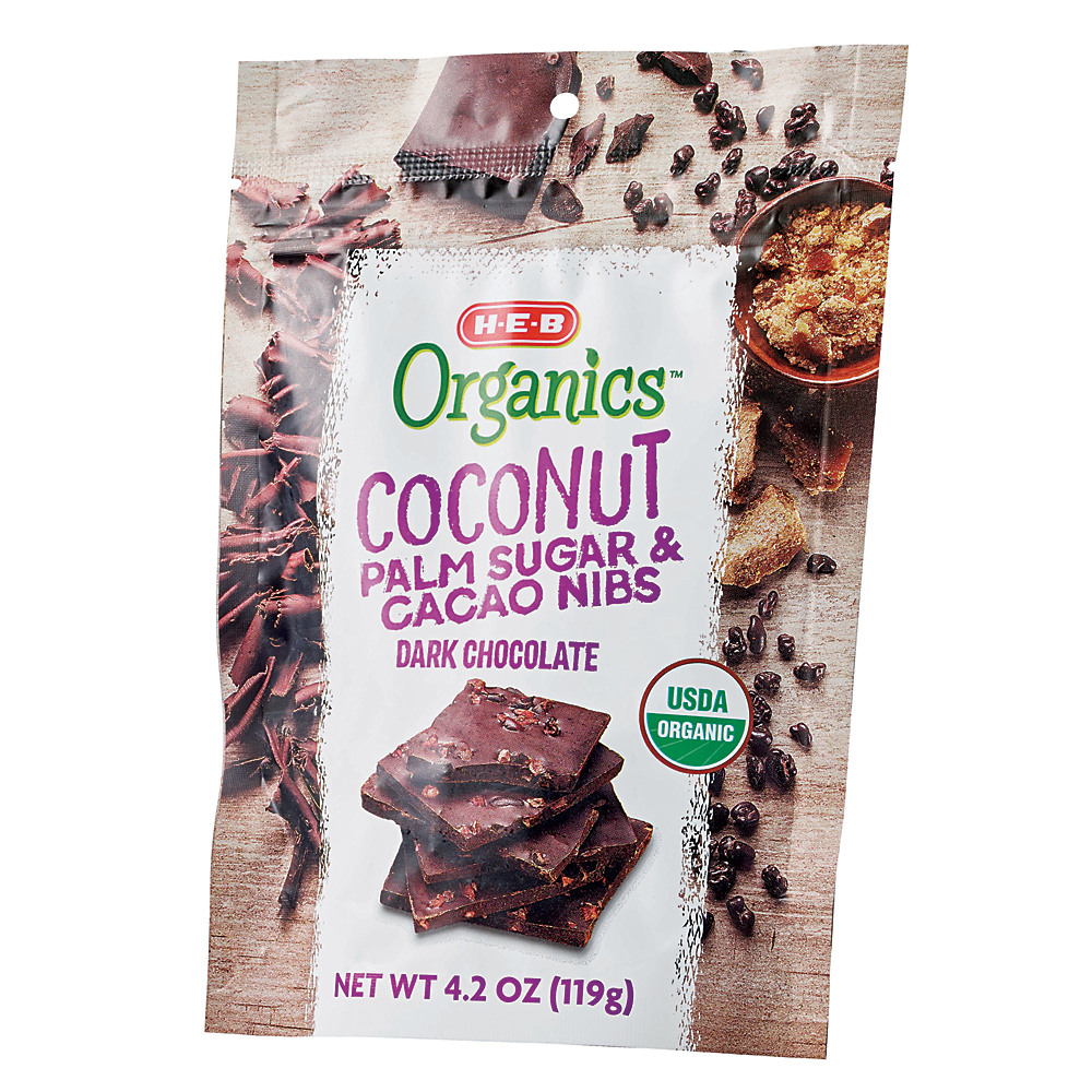 Calories in H-E-B Organics Dark Chocolate Coconut Palm Sugar & Cacao Nibs, 4.2 oz