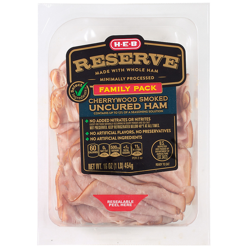 Calories in H-E-B Select Ingredients Reserve Cherrywood Smoked Uncured Ham Family Pack , 16 oz