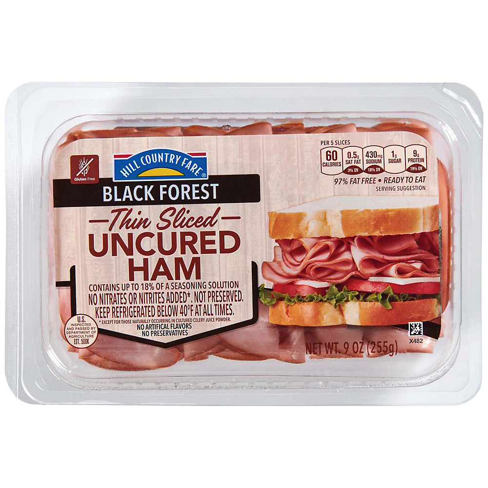 Calories in Hill Country Fare Black Forest Thin Sliced Uncured  Ham, 9 oz
