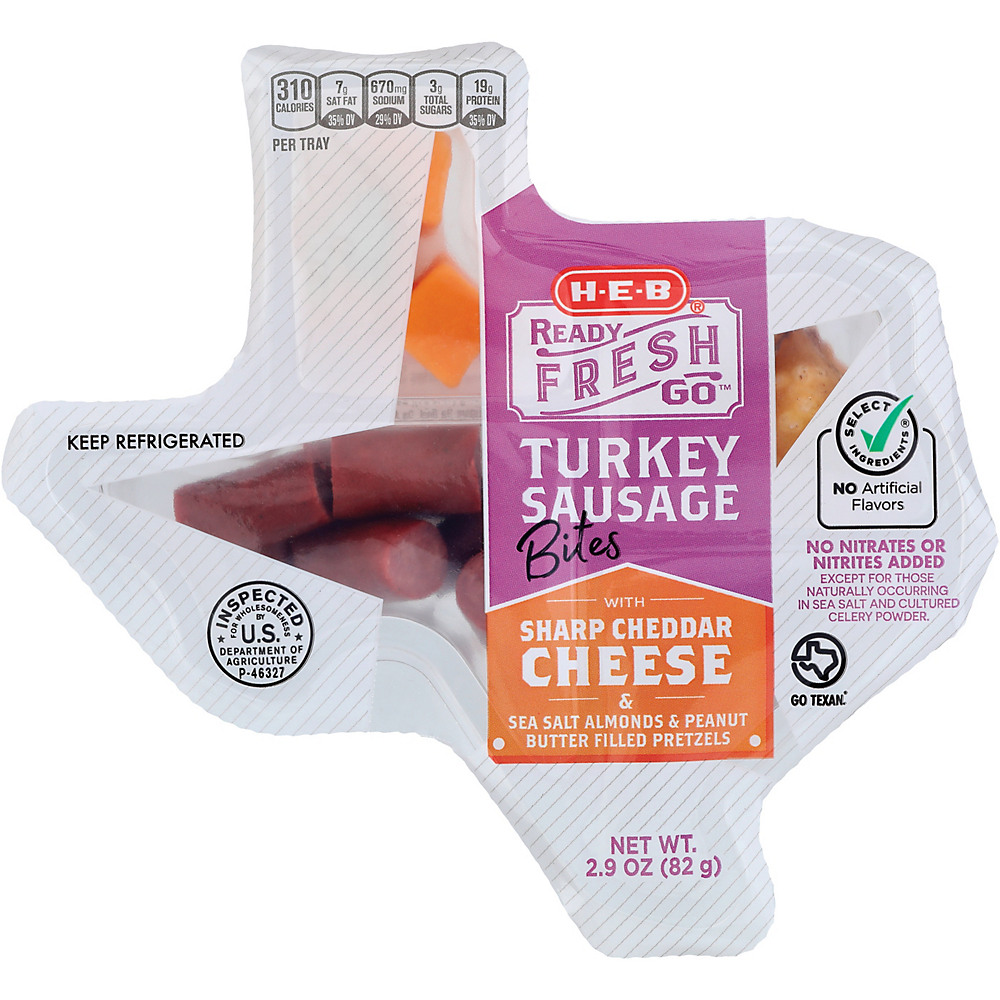 Calories in H-E-B Ready Fresh Go! Turkey Sausage Bites with Sharp Cheddar Cheese Snack Tray, 3.15 oz