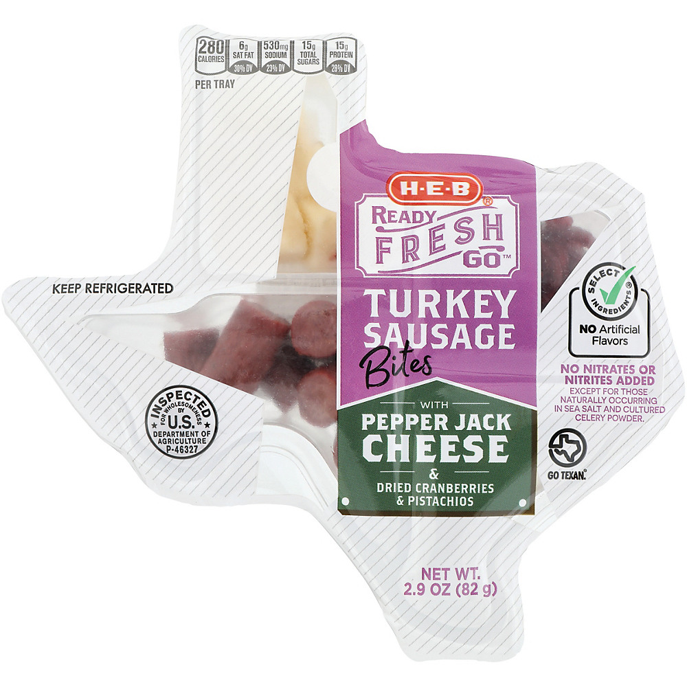 Calories in H-E-B Ready Fresh Go! Turkey Sausage Bites with Pepper Jack Cheese Snack Tray, 2.95 oz