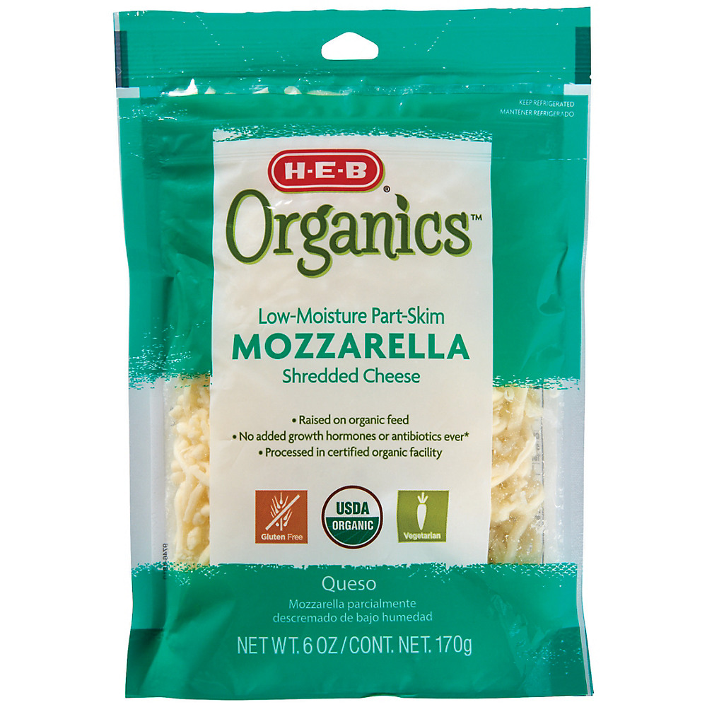 Calories in H-E-B Organics Mozzarella Cheese, Shredded, 6 oz
