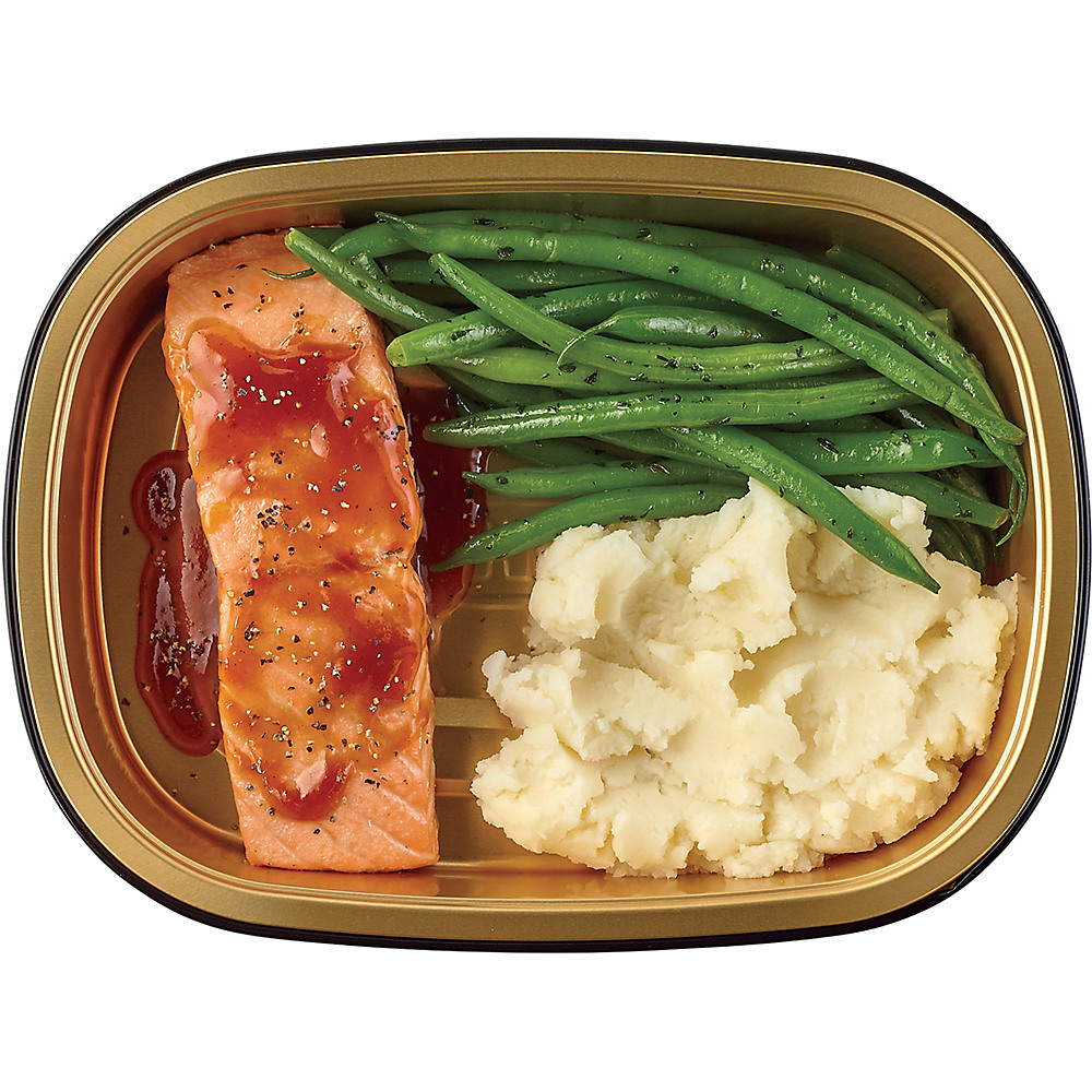 Calories in H-E-B Meal Simple Honey BBQ Salmon Portion with Green Beans and Mashed Potatoes, 13.5 oz