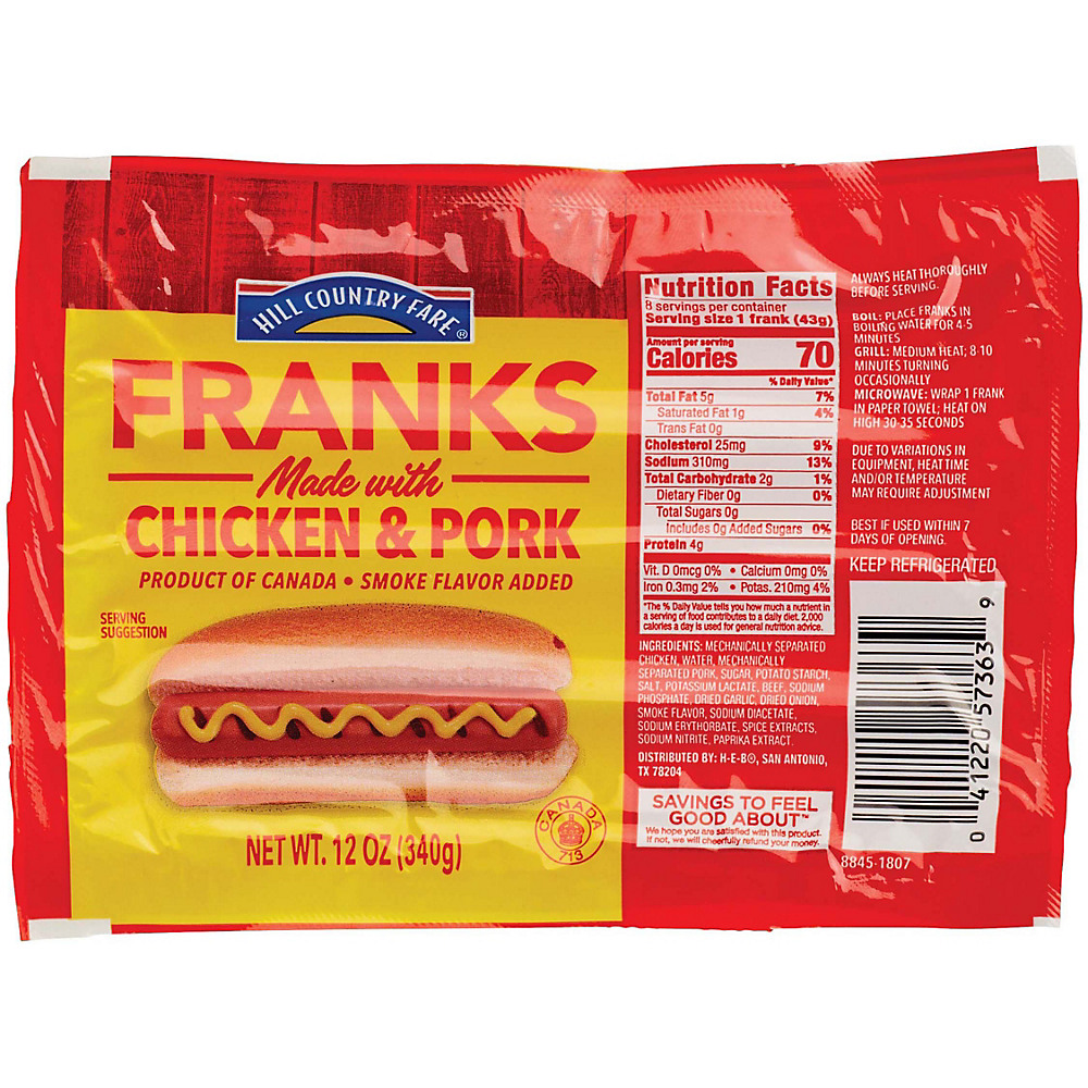 Calories in Hill Country Fare Chicken and Pork Meat Franks, 8 ct
