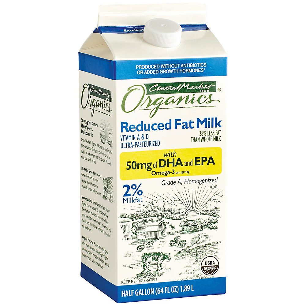 Calories in Central Market Organics 2% Reduced Fat Milk with DHA, 1/2 gal