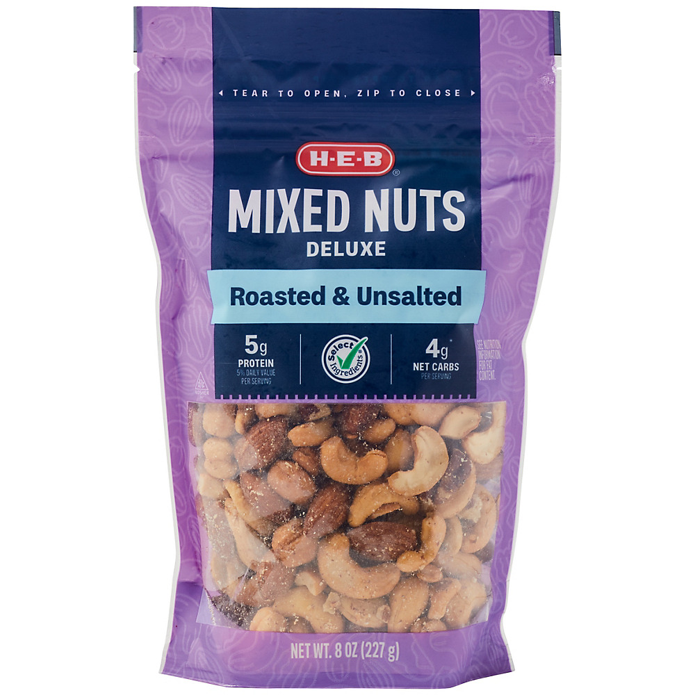 Calories in H-E-B Select Ingredients Roasted & Unsalted Deluxe Mixed Nuts, 8 oz