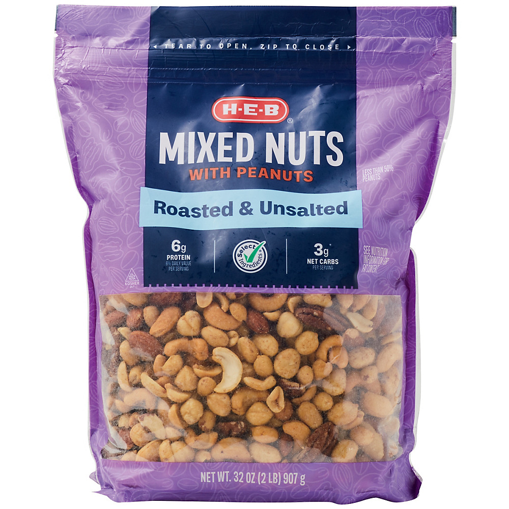 Calories in H-E-B Select Ingredients Unsalted Mixed Nuts with Peanuts, 32 oz