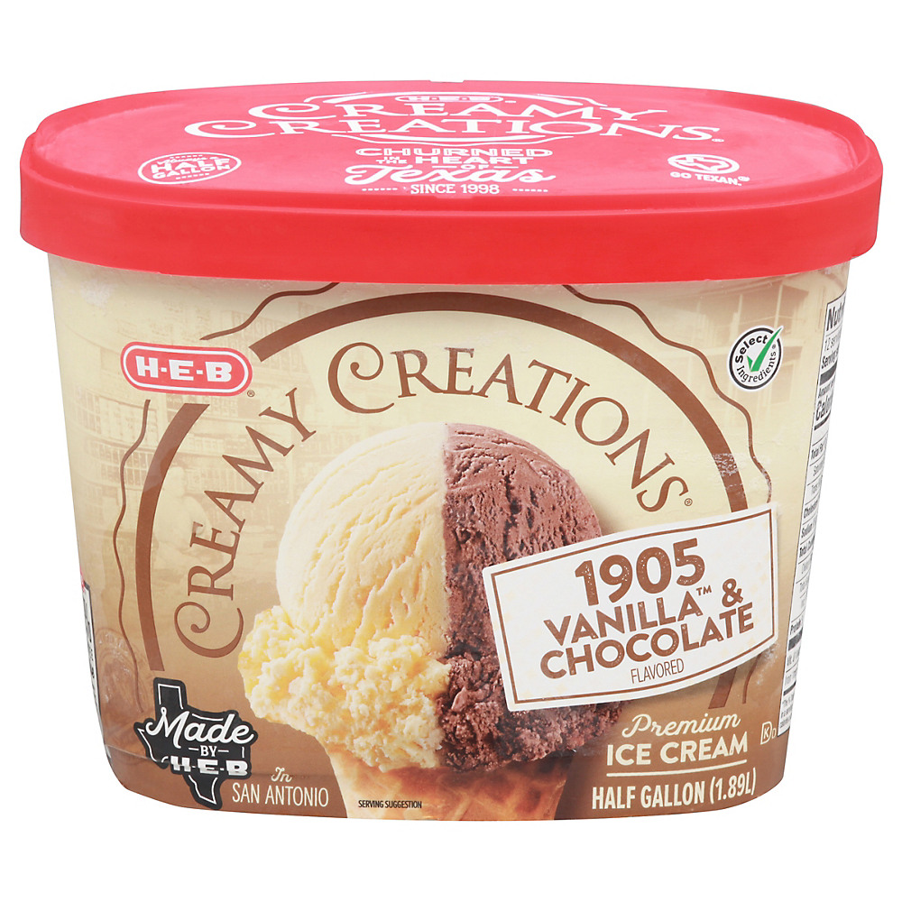 Calories in H-E-B Creamy Creations 1905 Vanilla & Chocolate Ice Cream, 1/2 gal
