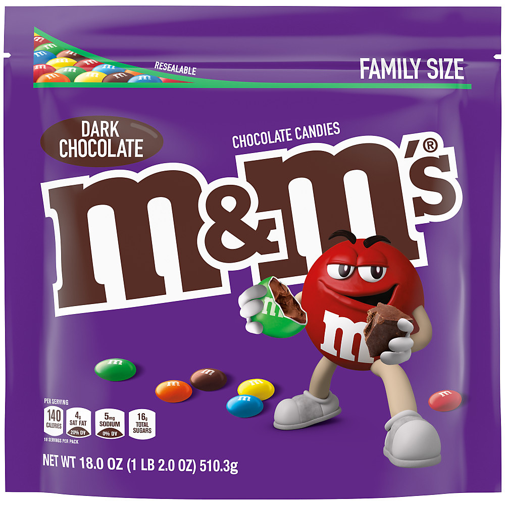 Calories in M&M's Dark Chocolate Candy Family Size Bag, 19.2 oz