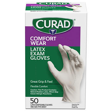 Curad Comfort Wear Latex Exam Gloves, 50 ct