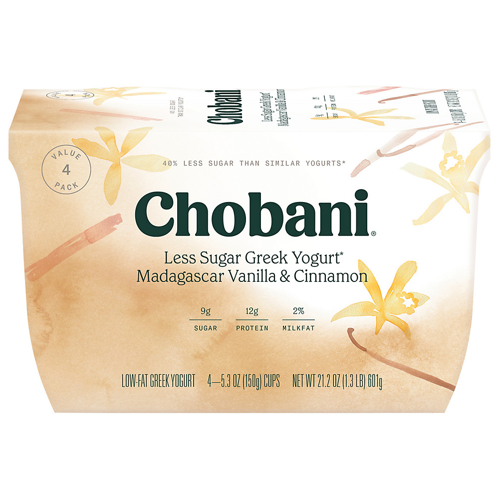 Calories in Chobani Less Sugar Madagascar Vanilla & Cinnamon Greek Yogurt, 4 ct
