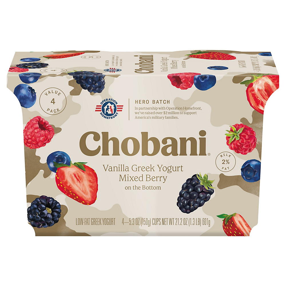 Calories in Chobani Low-Fat Mixed Berry on the Bottom Vanilla Greek Yogurt, 4 ct