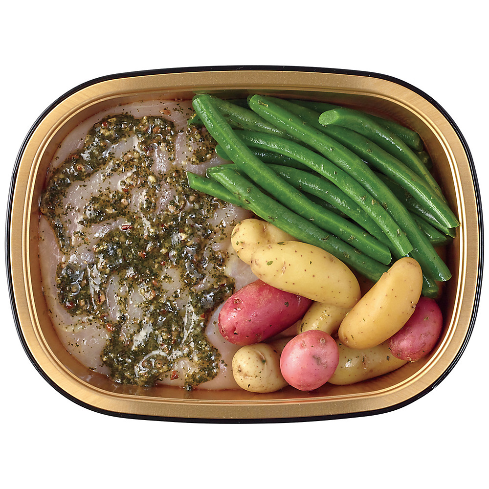 Calories in H-E-B Meal Simple Chicken Breast, Basil Pesto Marinade, Potatoes & Green Beans, Avg. 0.816 lb
