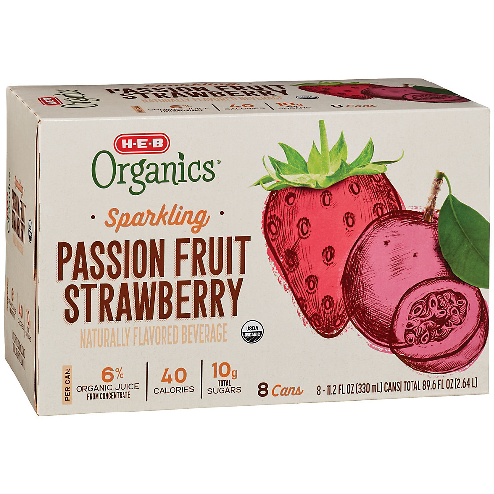 Calories in H-E-B Organics Sparkling Passion Fruit Strawberry 11.2 oz Cans, 8 pk