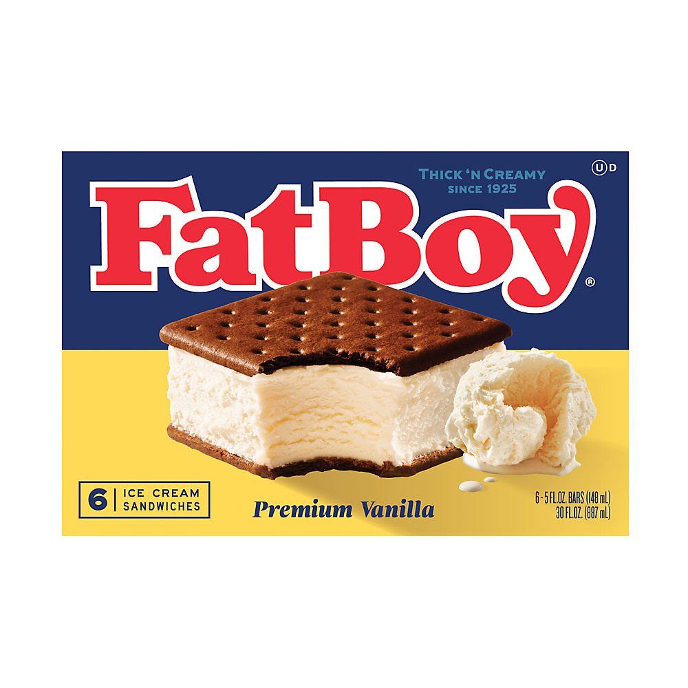 Calories in FatBoy Premium Vanilla Ice Cream Sandwiches, 6 ct