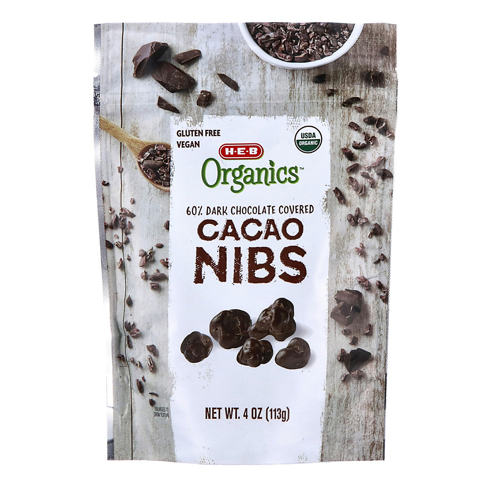 Calories in H-E-B Organics 60%dark Chocolate Covered Cacao Nibs, 4 oz