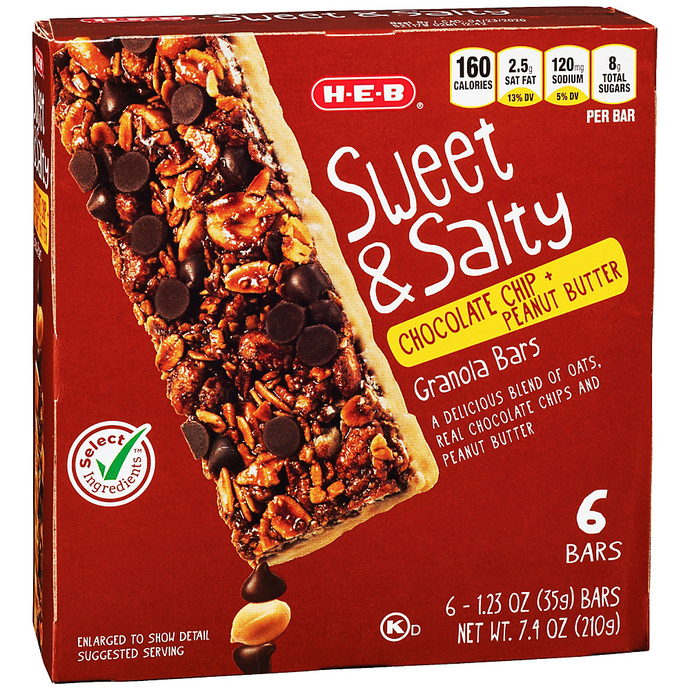 Calories in H-E-B Select Ingredients Sweet & Salty Chocolate Chip & Peanut Butter Bars, 6 ct