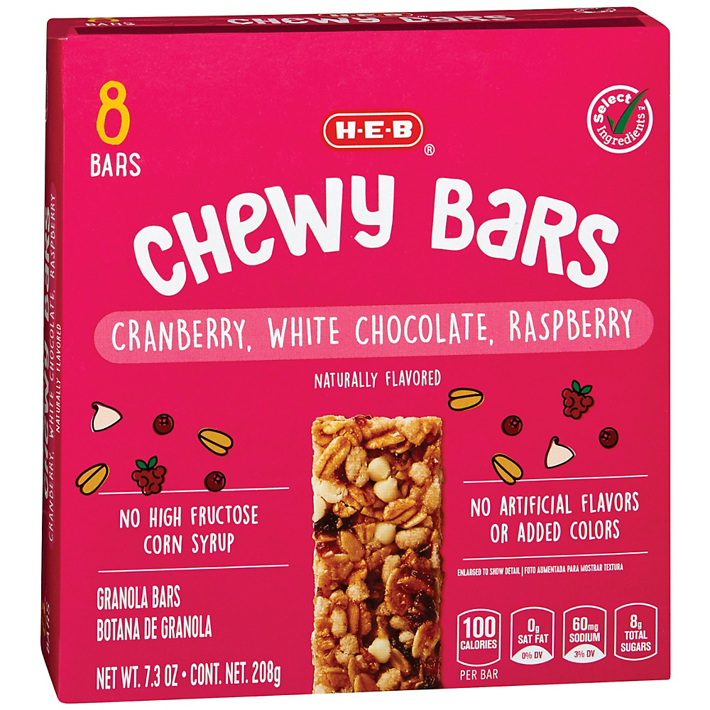 Calories in H-E-B Select Ingredients Cranberry Raspberry White Chocolate  Chewy Bars, 8 ct