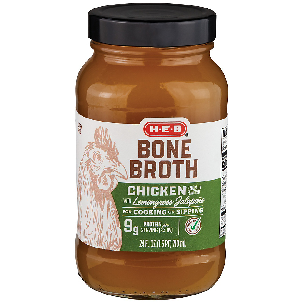 Calories in H-E-B Select Ingredients Chicken with Lemongrass Jalapeno Bone Broth, 24 oz
