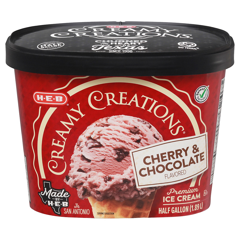 Calories in H-E-B Select Ingredients Creamy Creations Cherry & Chocolate Limited Edition Ice Cream, 1/2 gal