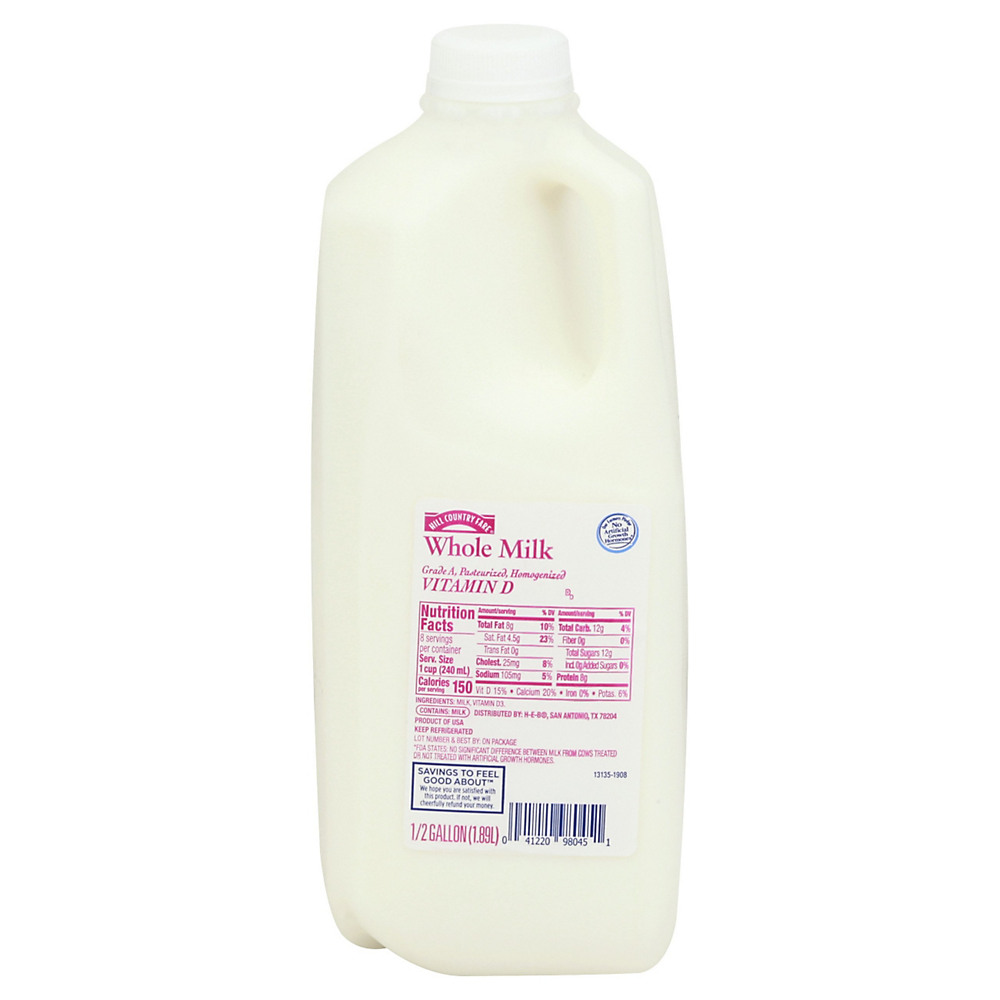 Calories in Hill Country Fare Whole Milk, 1/2 gal