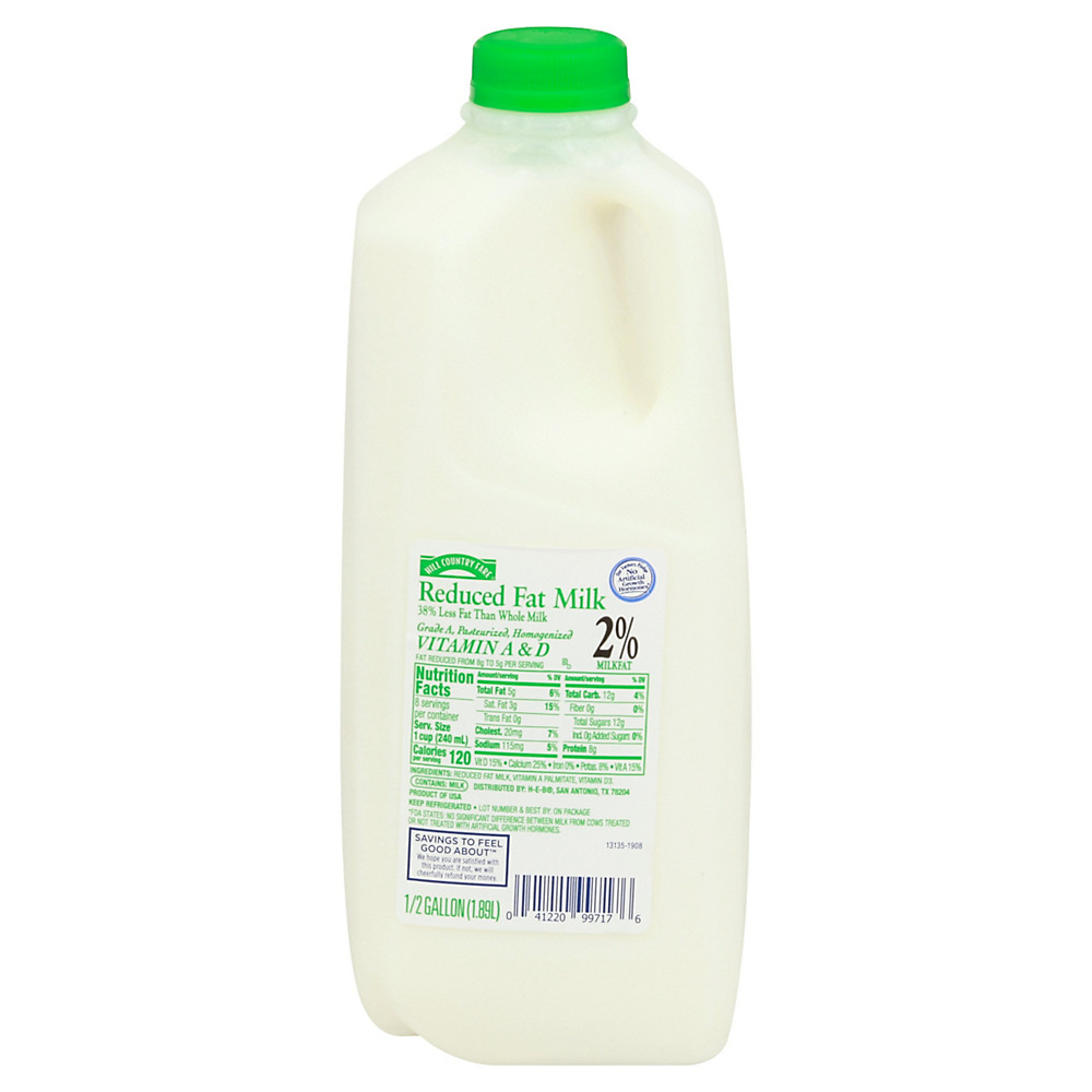 Calories in Hill Country Fare Reduced Fat 2% Milk, 1/2 gal
