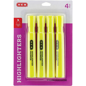 H-E-B Chisel Tip Highlighters - Yellow Ink, 4 pk