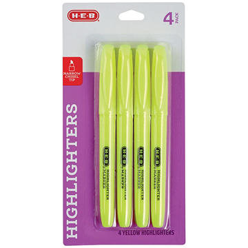 H-E-B Narrow Chisel Tip Highlighters - Yellow Ink, 4 pk