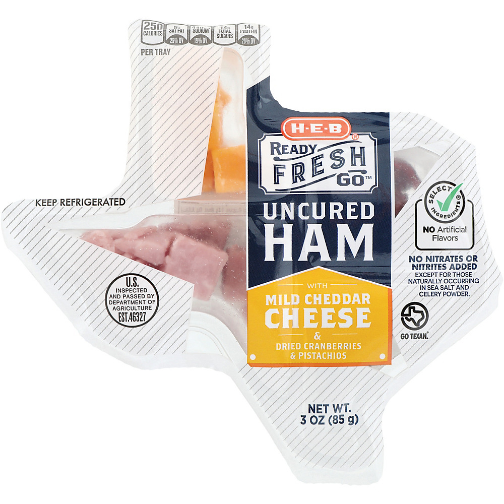Calories in H-E-B Ready Fresh Go! Ham with Mild Cheddar Cheese Snack Tray, 2.95 oz