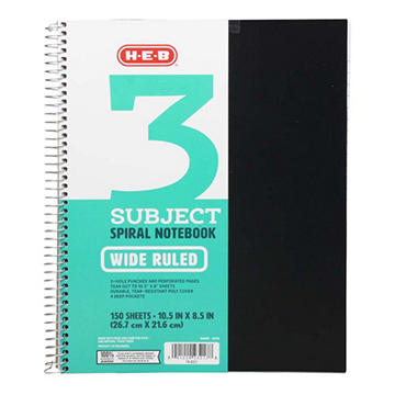 H-E-B 3 Subject Wide Ruled Poly Spiral Notebook - Black, 10.5" x 8.5"