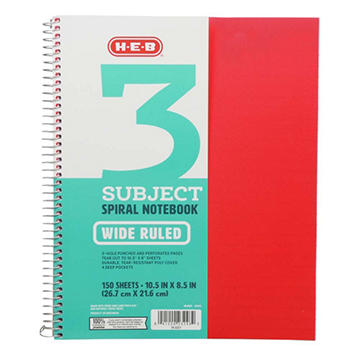 H-E-B 3 Subject Wide Ruled Poly Spiral Notebook   Red, 10.5" x 8.5"