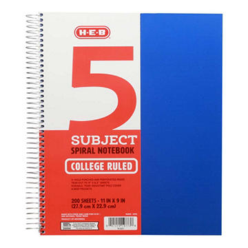 H-E-B 5 Subject College Ruled Poly Spiral Notebook - Blue, 11" x 9"