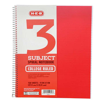 H-E-B 3 Subject College Ruled Poly Spiral Notebook - Red, 11" x 9"
