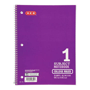 H-E-B 1 Subject College Ruled Spiral Notebook - Purple, 10.5" x 8"