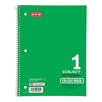 H-E-B 1 Subject College Ruled Spiral Notebook - Green, 10.5" x 8"