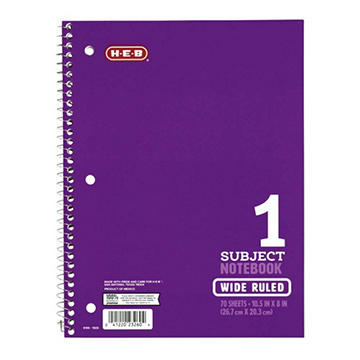 H-E-B 1 Subject Wide Ruled Spiral Notebook - Purple, 10.5" x 8"