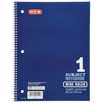 H-E-B 1 Subject Wide Ruled Spiral Notebook - Blue, 10.5" x 8"