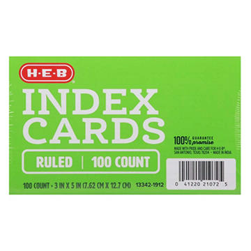H-E-B Ruled Index Cards - White, 100 ct, 3" x 5"