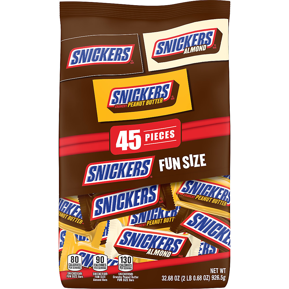 Calories in Snickers Original, Peanut Butter & Almond Fun Size Chocolate Candy Bars, 45 ct