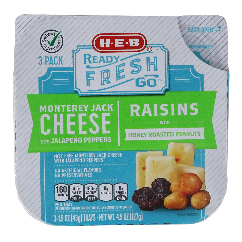 Calories in H-E-B Ready Fresh Go! Monterey Jack Cheese with Raisins & Peanuts Snack Trays, 3 pk