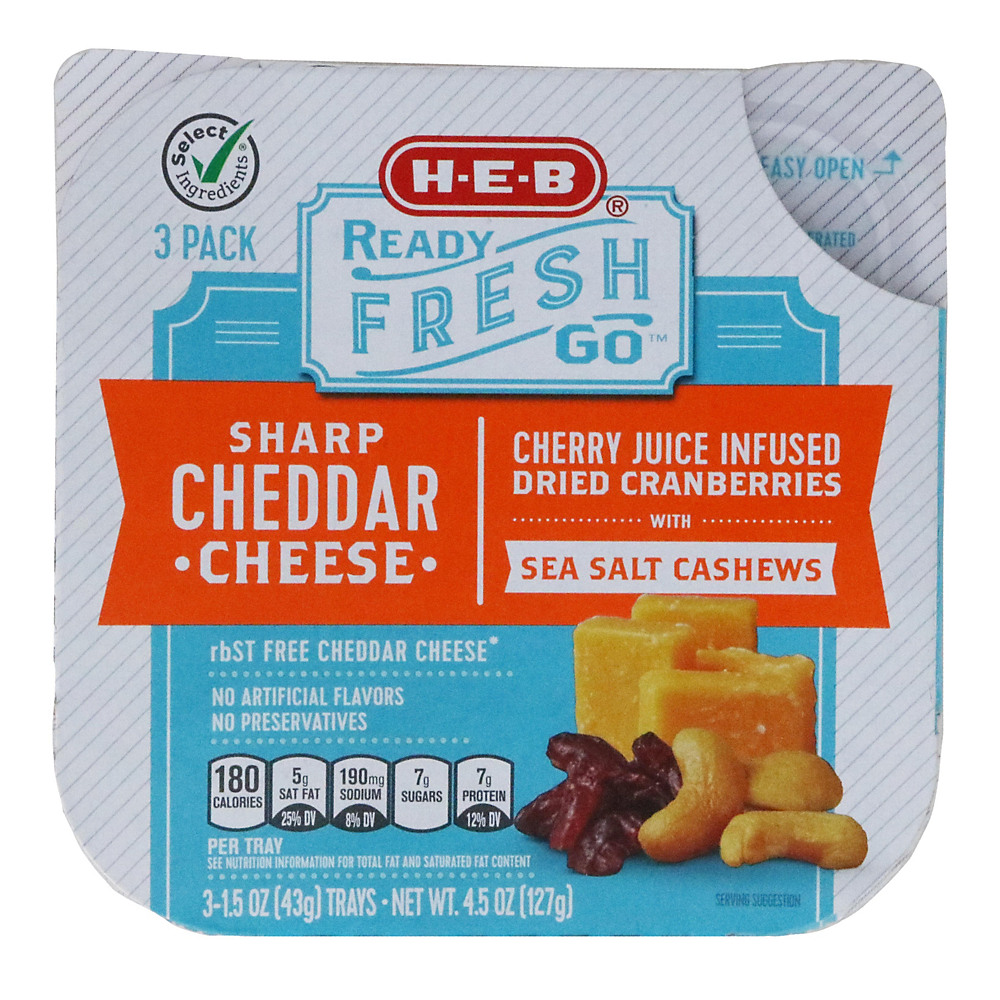 Calories in H-E-B Ready Fresh Go! Sharp Cheddar Cheese with Cranberries & Cashews Snack Trays, 3 pk