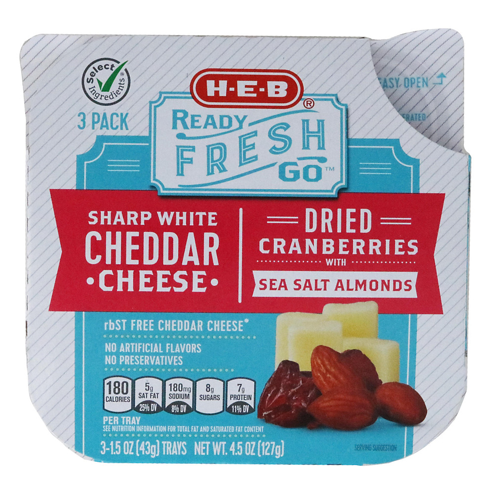 Calories in H-E-B Ready Fresh Go! Sharp White Cheddar Cheese with Cranberries & Almonds Snack Trays, 3 pk