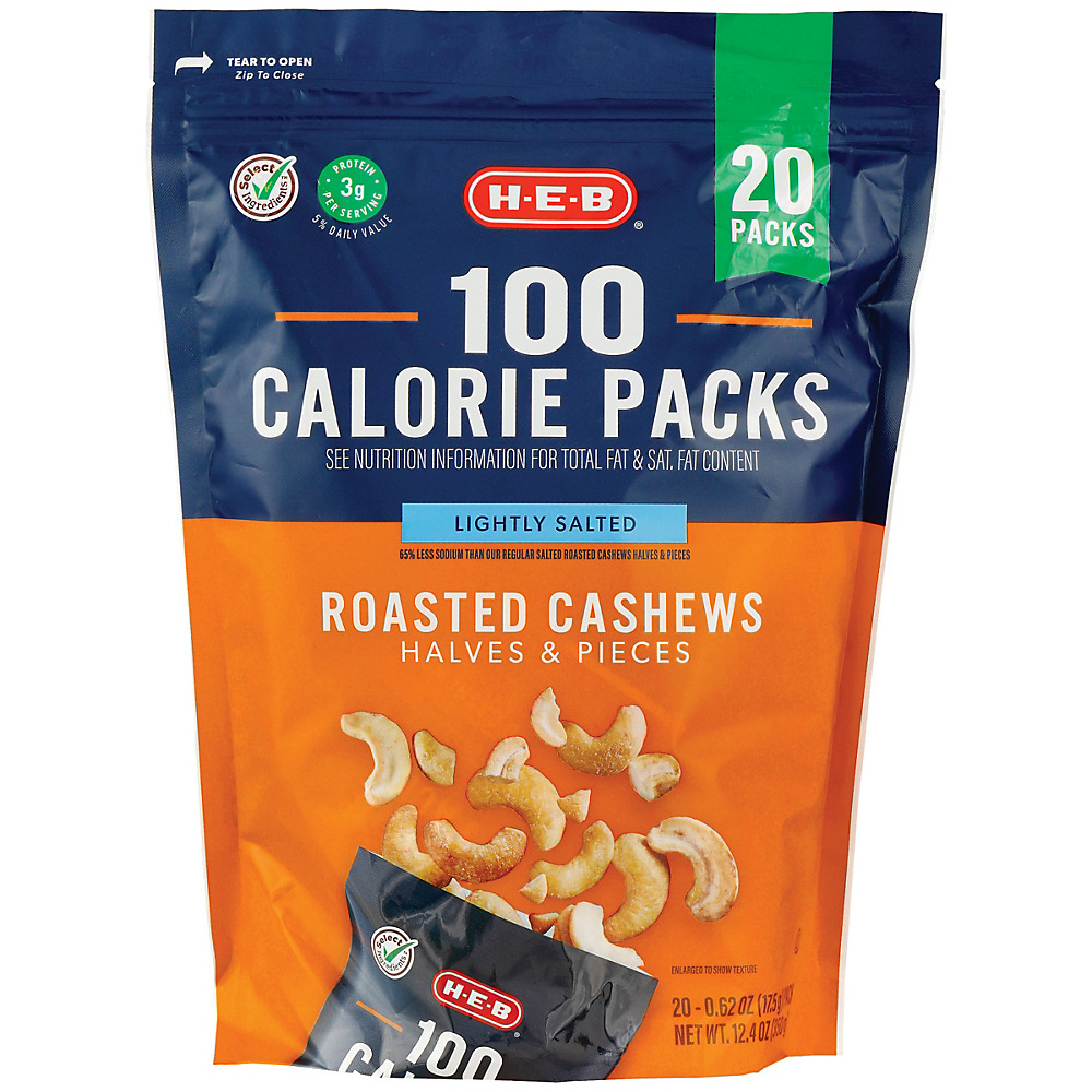 Calories in H-E-B Lightly Salted Roasted Cashews 100 Calorie Packs, 20 ct