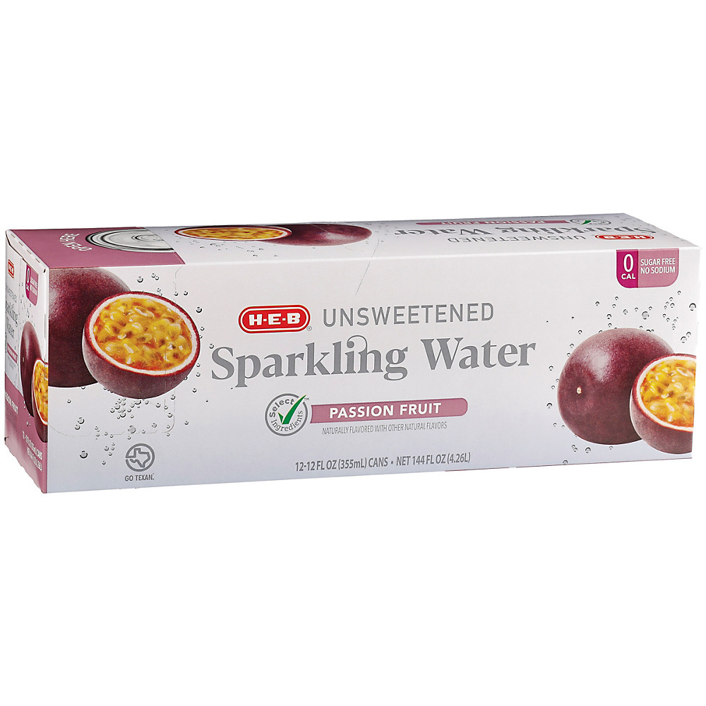Calories in H-E-B Unsweetened Passion Fruit Sparkling Water 12 oz Cans, 12 pk