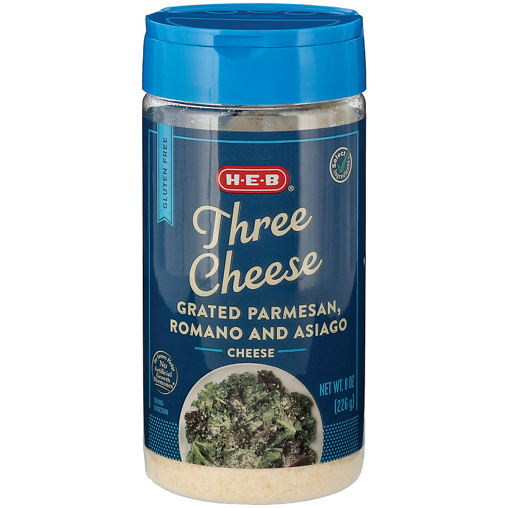 Calories in H-E-B Three Cheese Grated Parmesan, Romano & Asiago Cheese, 8 oz